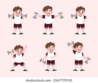 Happy Boy Child Lifting Weights Cartoon Illustration Fitness Exercise Healthy Lifestyle