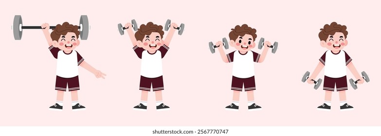 Happy Boy Child Lifting Weights Cartoon Illustration Fitness Exercise Healthy Lifestyle