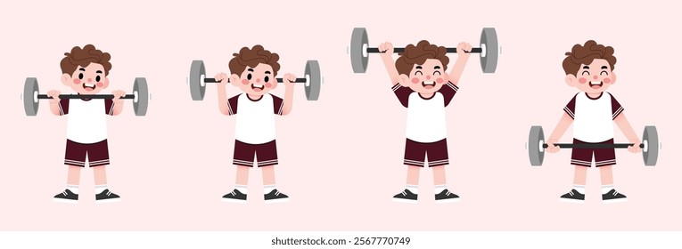 Happy Boy Child Lifting Weights Cartoon Illustration Fitness Exercise Healthy Lifestyle