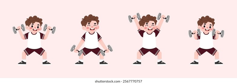 Happy Boy Child Lifting Weights Cartoon Illustration Fitness Exercise Healthy Lifestyle