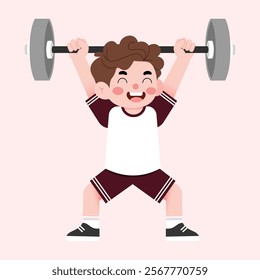 Happy Boy Child Lifting Weights Cartoon Illustration Fitness Exercise Strength Training