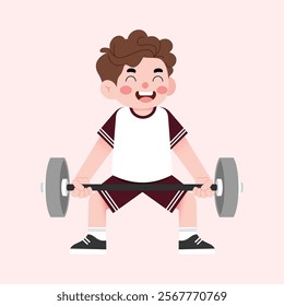 Happy Boy Child Lifting Weights Cartoon Illustration Fitness Exercise Strength Training