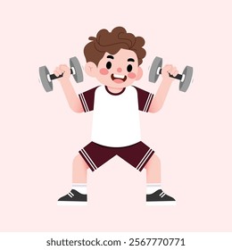 Happy Boy Child Lifting Weights Cartoon Fitness Illustration Child Exercise Healthy Lifestyle