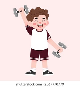 Happy Boy Child Lifting Weights Cartoon Illustration Fitness Exercise Workout