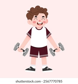 Happy Boy Child Lifting Weights Cartoon Fitness Illustration Active Kid Exercise