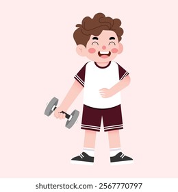 Happy Boy Child Lifting Weights Cartoon Illustration Fitness Exercise Healthy Lifestyle