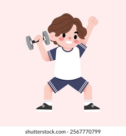 Happy Boy Child Lifting Weights Cartoon Exercise Illustration Fitness Kid Workout