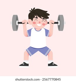 Happy Boy Child Lifting Weights Cartoon Illustration Fitness Exercise Sport