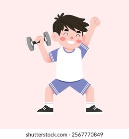 Happy Boy Child Lifting Weights Cartoon Illustration Fitness Exercise Healthy Lifestyle