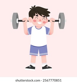 Happy Boy Child Lifting Weights Cartoon Illustration Fitness Exercise Strength Training