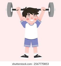 Happy Boy Child Lifting Weights Cartoon Illustration Fitness Strength Training Exercise