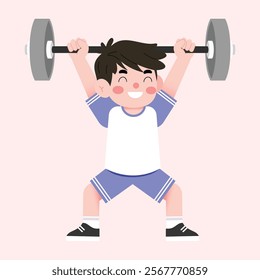 Happy Boy Child Lifting Weights Cartoon Illustration Fitness Exercise Sport