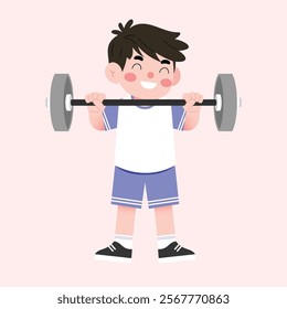 Happy Boy Child Lifting Weights Cartoon Illustration Fitness Exercise Strength Training