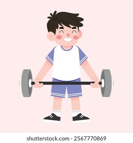 Happy Boy Child Lifting Weights Cartoon Illustration Fitness Exercise Sport