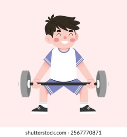 Happy Boy Child Lifting Weights Exercise Fitness Cartoon Illustration