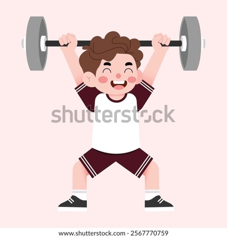 Happy Boy Child Lifting Weights Cartoon Illustration Fitness Exercise Strength Training