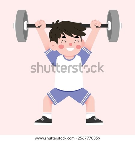 Happy Boy Child Lifting Weights Cartoon Illustration Fitness Exercise Sport