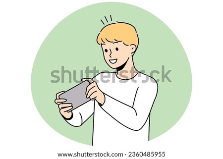 Happy boy child playing online game on cellphone. Smiling small kid have fun engaged in video games on smartphone. Modern web app. Vector illustration.