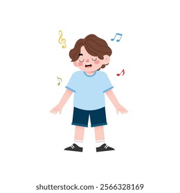 Happy Boy Child Singing Cartoon Illustration Music Notes Joyful Kid