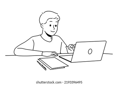 Happy boy child sit at desk studying online on computer. Smiling kid use laptop having remote class at home. Distant education. Vector illustration. 