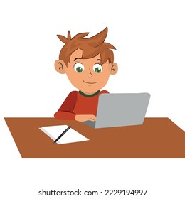 Happy boy child sit at desk studying online on computer. Smiling kid use laptop having remote class at home. Distant education. Vector illustration.