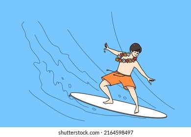 Los niños felices en tablas de surf se divierten en las vacaciones de verano. Niño activo navegando en olas altas en vacaciones de verano. Actividad infantil. Ilustración vectorial. 