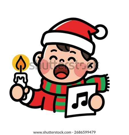 Happy Boy Christmas Caroler Singing with a Lit Candle and Music Note. Festive Holiday Song and Winter Celebration Concept.