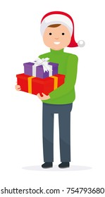 Happy boy in christmas hat with a gift for a holiday. Vector illustration in flat cartoon style