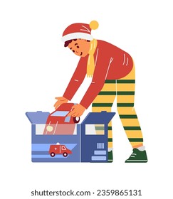 Happy boy in Christmas outfit opening gift box with a toy car flat vector illustration isolated on white.