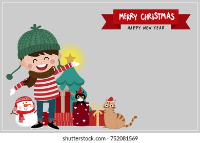 Happy boy with Christmas tree and gift greeting card. Vector and Background