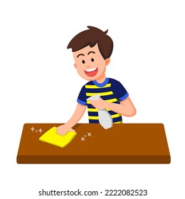 a happy boy cleans the table with a rag and disinfectant