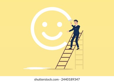 Happy boy climb up ladder to paint smile face on the wall, happiness and positive thinking, optimism or motivation to live happy life (Vector)