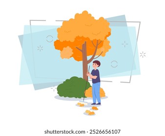 Happy boy collecting autumn leaves in yard or park. Male cartoon character raking leaves flat vector illustration. Autumn or fall, nature, ecology concept for banner or web design