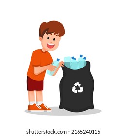 a happy boy collects bottled trash to take to the recycling bin