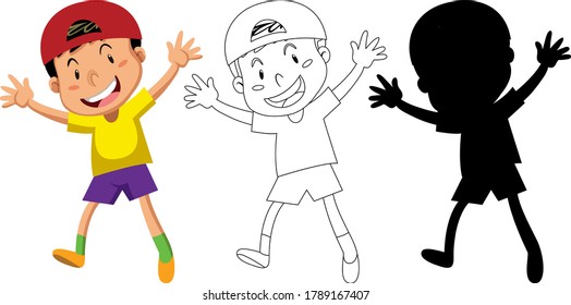 Happy boy in color and in outline and its silhouette illustration