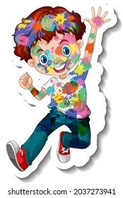 Happy boy with colour on his body sticker on white background illustration