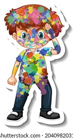 Happy boy with colour on his body sticker on white background illustration