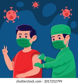Happy boy corona virus vaccine injection by health officer.
