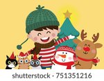 happy boy with cute cat, snowman, reindeer and Christmas tree.  vector and background