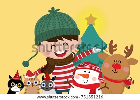 happy boy with cute cat, snowman, reindeer and Christmas tree.  vector and background