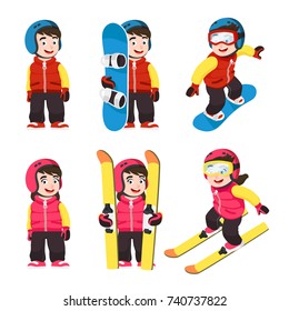 Happy Boy and Cute Girl with Snowboard and Ski. Vector Cartoon Style illustration