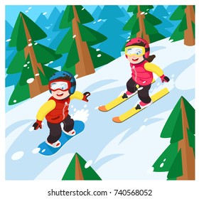 Happy Boy and Cute Girl Snowboarding and Skiing on the Mountain. Vector Cartoon Style illustration