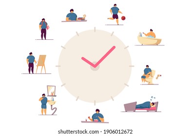 Happy Boy Daily Routine Clocks Flat Vector Illustration. Cartoon Child Schedule From Eating Breakfast In Morning To Sleeping At Night. Everyday Life And Health Activity, Lifestyle Concept