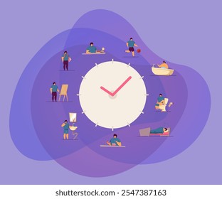 Niño feliz de rutina diaria relojes de Ilustración vectorial plana. Horario de dibujos animados para niños, desde desayunar por la mañana hasta dormir por la noche. Actividad de la vida cotidiana y de la salud, concepto del estilo de vida