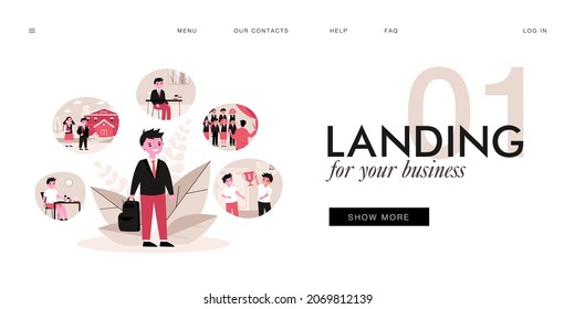 Happy boy and daily routine. Kid having breakfast, going to school, singing, winning prize flat vector illustration. Childhood, daily activity concept for banner, website design or landing web page