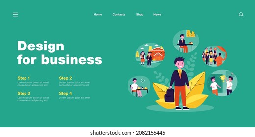 Happy boy and daily routine. Kid having breakfast, going to school, singing, winning prize flat vector illustration. Childhood, daily activity concept for banner, website design or landing web page
