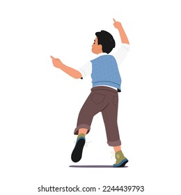 Happy Boy Dance Rear View Isolated on White Background. Little Child Playing, Fooling, Having Fun. Kid Moving Body by Music Rhythm. Baby Character Dancing or Game. Cartoon People Vector Illustration