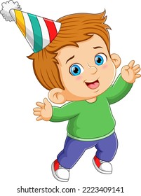 The happy boy is dancing and greeting to anyone in the new year party of illustration