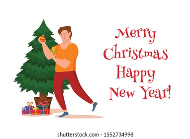 Happy boy decorating Christmas tree with toys, star and garland. Vector colorful illustration of men preparation for New Year celebration party. Cozy Xmas holiday home concept in flat style.