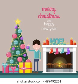 Happy boy decorating the Christmas tree near a fireplace at home. Color flat vector illustration. Xmas background with space for text.